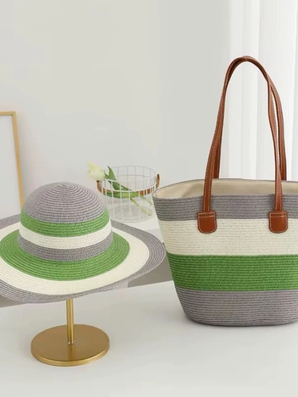 Striped Straw Tote Bag with Blue, Green & Beige Accents